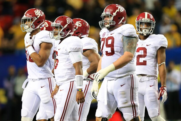 Dec 6, 2014; Atlanta, GA, USA; Alabama Crimson Tide quarterback Blake Sims (6), tight end O.J. Howard (88), offensive lineman Austin Shepherd (79), and wide receiver DeAndrew White (2) during the 2014 SEC Championship Game against the Missouri Tigers at the Georgia Dome. Mandatory Credit: Kevin Liles-USA TODAY Sports.