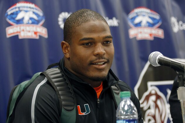 Miami linebacker Denzel Perryman responds to a reporter's question during a news conference Friday, Dec. 26, 2014, in Shreveport, La. The Hurricanes face South Carolina in the Independence Bowl NCAA college football game on Saturday. (AP Photo/Rogelio V. Solis)