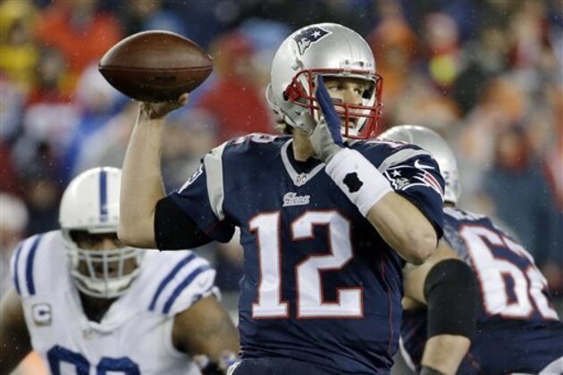 FILE - In this Jan. 18, 2015, file photo, New England Patriots quarterback Tom Brady looks to pass during the first half of the NFL football AFC Championship game against the Indianapolis Colts in Foxborough, Mass. The NFL is investigating whether the Patriots deflated footballs that were used in their AFC championship game victory over the Colts. The inquiry was first reported by the website for WTHR-TV in Indiana, citing an unnamed source. On his regular weekly morning-after-game appearance Monday, Jan. 19, 2015, on WEEI radio, Brady said he wasn't aware of the report about the league's investigation into whether footballs were properly inflated against Indianapolis. (AP Photo/Matt Slocum, File)