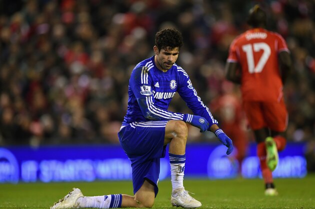 LIVERPOOL, ENGLAND - JANUARY 20: Diego Costa of Chelsea reacts during the Capital One Cup Semi-Final first leg match between Liverpool and Chelsea at Anfield on January 20, 2015 in Liverpool, England.  (Photo by Michael Regan/Getty Images)