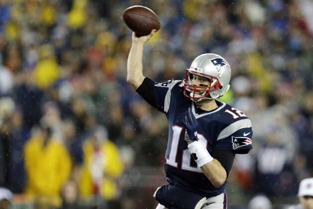 New England Patriots quarterback Tom Brady (12) throws during the first half of the NFL football AFC Championship game against the Indianapolis Colts Sunday, Jan. 18, 2015, in Foxborough, Mass. (AP Photo/Charles Krupa)