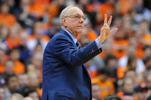 SYRACUSE, NY - JANUARY 13:  Head coach Jim Boeheim of the Syracuse Orange calls a play against the Wake Forest Demon Deacons during the second half at the Carrier Dome on January 13, 2015 in Syracuse, New York.  Syracuse defeated Wake Forest 86-83 in overtime.  (Photo by Rich Barnes/Getty Images)
