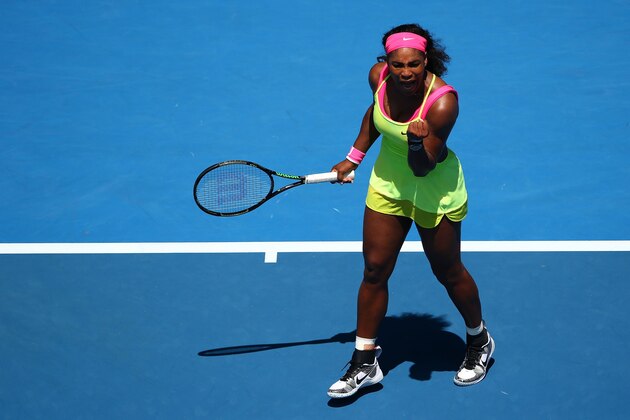 MELBOURNE, AUSTRALIA - JANUARY 22:  Serena Williams of the United States celebrates a point in her second round match against Vera Zvonareva of Russia during day four of the 2015 Australian Open at Melbourne Park on January 22, 2015 in Melbourne, Australia.  (Photo by Clive Brunskill/Getty Images)