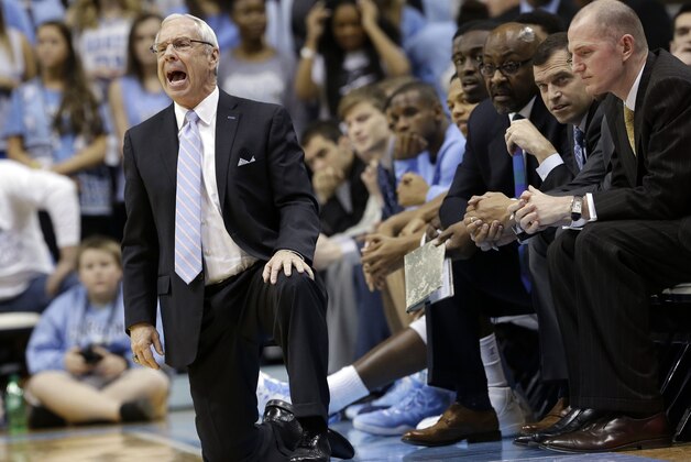 North Carolina head coach Roy Williams yells during the second half of an NCAA college basketball game against Virginia Tech, Sunday, Jan. 18, 2015, in Chapel Hill, N.C. North Carolina won 68-53. (AP Photo/Gerry Broome)