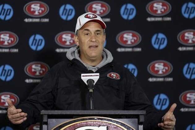 San Francisco 49ers defensive coordinator Vic Fangio speaks to reporters during an NFL football availability in Santa Clara, Calif., Wednesday, Jan. 23, 2013. The 49ers are scheduled to face the Baltimore Ravens in the Super Bowl on Sunday, Feb. 3. (AP Photo/Jeff Chiu)