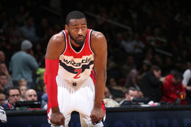 WASHINGTON, DC -  JANUARY 16: John Wall #2 of the Washington Wizards stands on the court during a game against the Brooklyn Nets on January 16, 2015 at Verizon Center in Washington, DC. NOTE TO USER: User expressly acknowledges and agrees that, by downloading and or using this Photograph, user is consenting to the terms and conditions of the Getty Images License Agreement. Mandatory Copyright Notice: Copyright 2015 NBAE (Photo by Ned Dishman/NBAE via Getty Images)