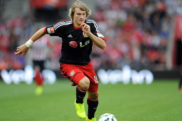 SOUTHAMPTON, ENGLAND - AUGUST 09: Tin Jedvaj of Bayer Leverkusen during the pre season friendly match between Southampton and Bayer Leverkusen at St Mary's Stadium on August 9, 2014 in Southampton, England. (Photo by Robin Parker/Getty Images)