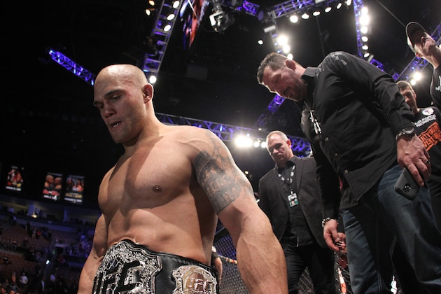 LAS VEGAS, NV - DECEMBER 06:  Robbie Lawler leaves the octagon after defeating Johny Hendricks by a split decision in their welterweight title fight during the UFC 181 event at the Mandalay Bay Events Center on December 6, 2014 in Las Vegas, Nevada.  (Photo by Alex Trautwig/Getty Images)