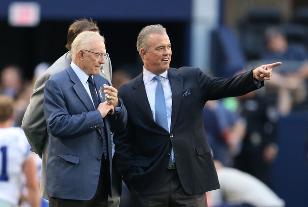 Nov 3, 2013; Arlington, TX, USA; Dallas Cowboys owner Jerry Jones  (left) with his son, executive vice president Stephen Jones prior to the game against the Minnesota Vikings at AT&T Stadium. Mandatory Credit: Matthew Emmons-USA TODAY Sports
