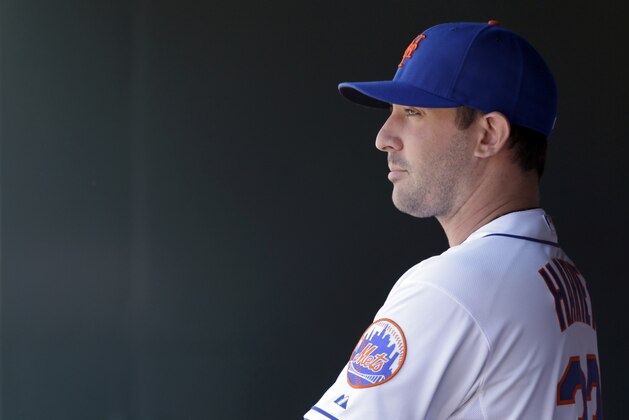 FILE - In this April 6, 2014 file photo, New York Mets starting pitcher Matt Harvey stands in the dugout before a baseball game against the Cincinnati Reds at Citi Field in New York. More than a dozen major league pitchers have needed Tommy John surgery this year, a group that includes All-Stars Patrick Corbin, Josh Johnson and Matt Moore, joining an illustrious group that includes Chris Carpenter (2007), Stephen Strasburg (2010), Adam Wainwright (2011) and Matt Harvey (2013). (AP Photo/Seth Wenig, File)