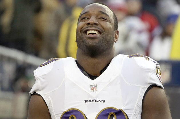 Baltimore Ravens defensive end Chris Canty (99) before an NFL divisional playoff football game against the New England Patriots Saturday, Jan. 10, 2015, in Foxborough, Mass. (AP Photo/Steven Senne)