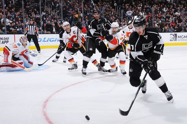 LOS ANGELES, CA - JANUARY 19: Nick Shore #37 of the Los Angeles Kings pursues the puck during a game against the Calgary Flames at STAPLES Center on January 19, 2015 in Los Angeles, California. (Photo by Juan Ocampo/NHLI via Getty Images)