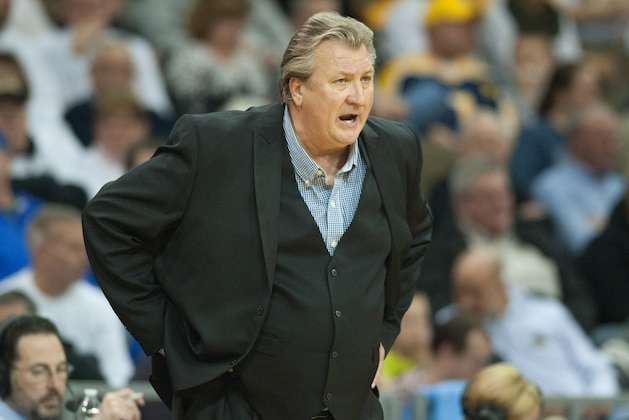 Dec 7, 2014; Highland Heights, KY, USA; West Virginia Mountaineers head coach Bob Huggins shouts during the first half agains the Northern Kentucky Norse at Bank of Kentucky Center. Mandatory Credit: Joshua Lindsey-USA TODAY Sports