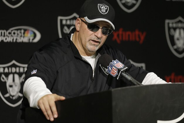 Oakland Raiders interim head coach Tony Sparano speaks after an NFL football game against the Buffalo Bills in Oakland, Calif., Sunday, Dec. 21, 2014. The Raiders won 26-24. (AP Photo/Ben Margot)