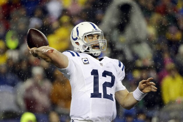 Indianapolis Colts quarterback Andrew Luck (12) throws during the second half of the NFL football AFC Championship game against the New England Patriots Sunday, Jan. 18, 2015, in Foxborough, Mass. (AP Photo/Matt Slocum)
