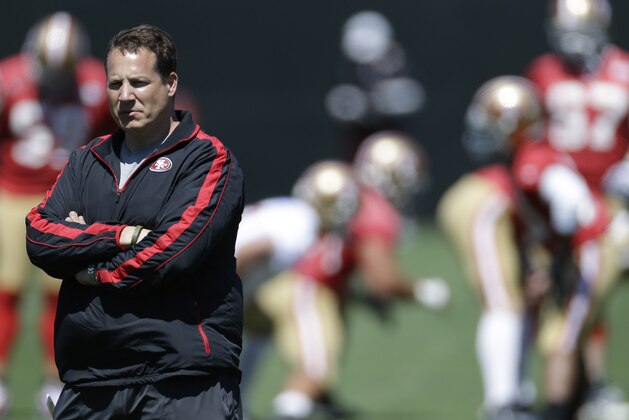 San Francisco 49ers offensive consultant Eric Mangini during practice at the team's NFL football training facility in Santa Clara, Calif., Wednesday, June 12, 2013. (AP Photo/Marcio Jose Sanchez)