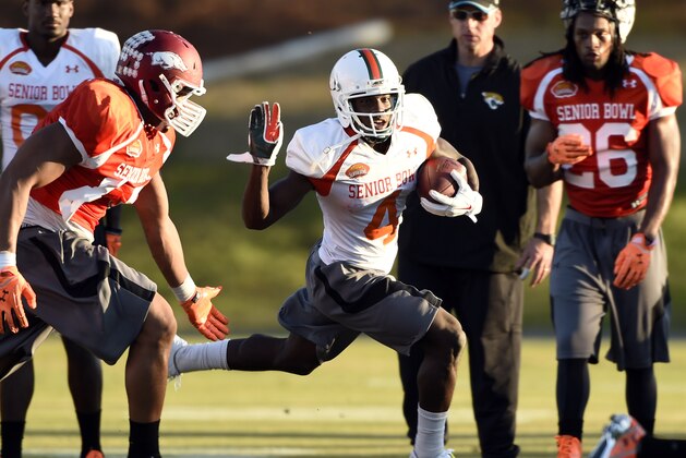Jan 20, 2015; Fairhope, AL, USA; South squad wide receiver Phillip Dorsett of Miami (4) carries the ball during practice at Fairhope Stadium. Mandatory Credit: John David Mercer-USA TODAY Sports