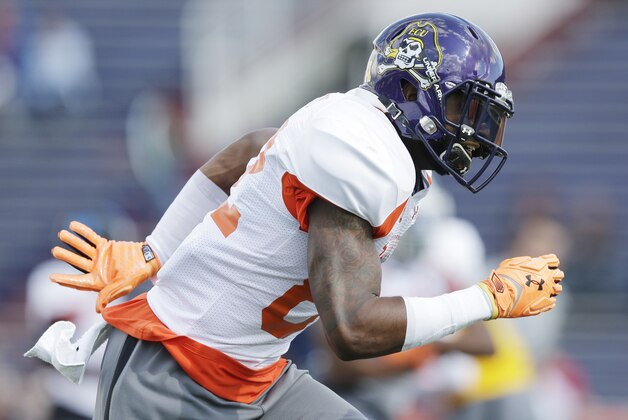 East Carolina wide receiver Justin Hardy runs a drill during NCAA college football practice for the Senior Bowl, Tuesday, Jan. 20, 2015, at Ladd-Peebles Stadium in Mobile, Ala. (AP Photo/Brynn Anderson)