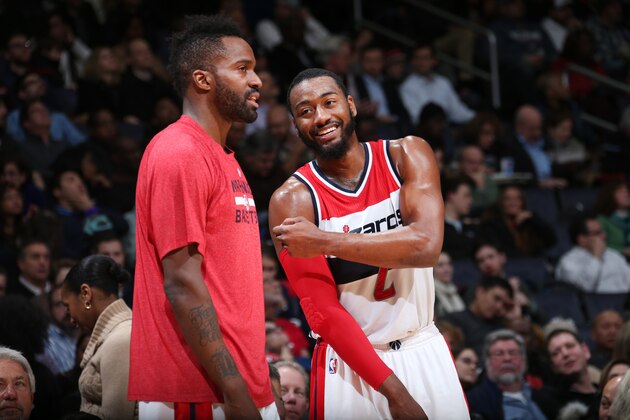 WASHINGTON, DC -  JANUARY 7: Martell Webster #9 and John Wall #2 of the Washington Wizards during the game on January 7, 2015 at Verizon Center in Washington, DC. NOTE TO USER: User expressly acknowledges and agrees that, by downloading and or using this Photograph, user is consenting to the terms and conditions of the Getty Images License Agreement. Mandatory Copyright Notice: Copyright 2015 NBAE (Photo by Ned Dishman/NBAE via Getty Images)