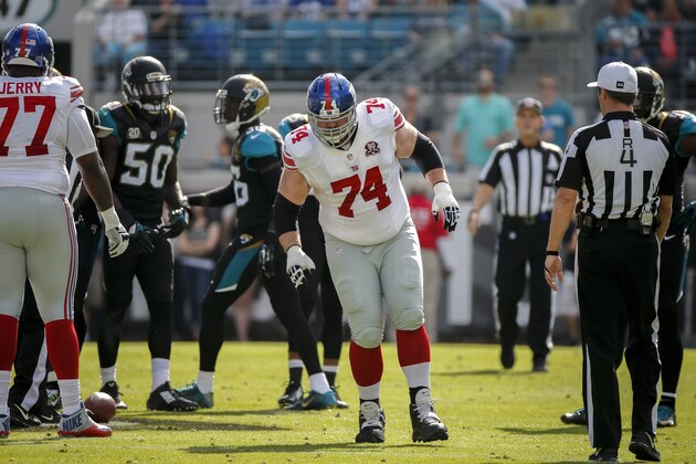 New York Giants tackle Geoff Schwartz (74) is injured during the first half of an NFL football game against the Jacksonville Jaguars, Sunday, Nov. 30, 2014, in Jacksonville, Fla. The Jaguars beat the Giants 25-24. (AP Photo/Stephen B. Morton)