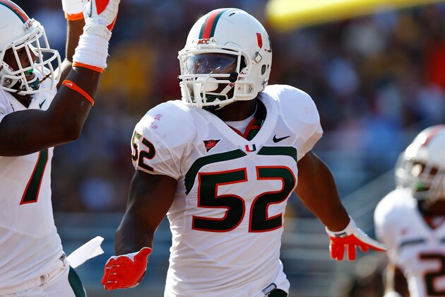 CHESTNUT HILL, MA - SEPTEMBER 01:  Denzel Perryman #52 of the Miami Hurricanes in action against the Boston College Eagles during the game on September 1, 2012 at Alumni Stadium in Chestnut Hill, Massachusetts.  (Photo by Jared Wickerham/Getty Images)