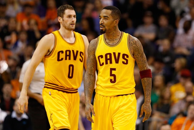PHOENIX, AZ - JANUARY 13: J.R. Smith #5 and Kevin Love #0 of the Cleveland Cavaliers during the NBA game against the Phoenix Suns at US Airways Center on January 13, 2015 in Phoenix, Arizona. NOTE TO USER: User expressly acknowledges and agrees that, by downloading and or using this photograph, User is consenting to the terms and conditions of the Getty Images License Agreement. (Photo by Christian Petersen/Getty Images) PHOENIX, AZ - JANUARY 13: J.R. Smith #5 and Kevin Love #0 of the Cleveland Cavaliers during the NBA game against the Phoenix Suns at US Airways Center on January 13, 2015 in Phoenix, Arizona. NOTE TO USER: User expressly acknowledges and agrees that, by downloading and or using this photograph, User is consenting to the terms and conditions of the Getty Images License Agreement. (Photo by Christian Petersen/Getty Images)