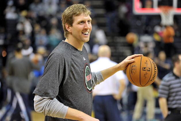 Dallas Mavericks forward Dirk Nowitzki warms up before an NBA basketball game Monday, Jan. 19, 2015, in Memphis, Tenn. (AP Photo/Brandon Dill)