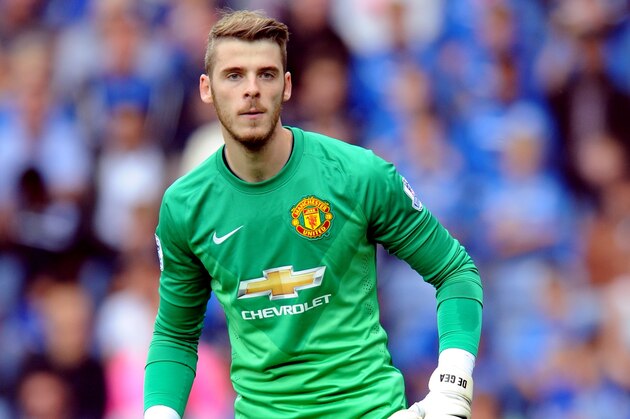 Manchester United's David De Gea during the English Premier League soccer match between Leicester City and Manchester United at King Power Stadium, in Leicester, England, Sunday, Sept. 21, 2014.  (AP Photo/Rui Vieira)