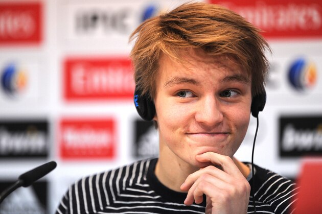 MADRID, SPAIN - JANUARY 22:  Martin Odegaard from Norway ponders a question during his press conference at Real Madrid's Valdebebas training grounds after he signed with Real on January 22, 2015 in Madrid, Spain. Odegaard aged 16 will play for Real's second team Real Madrid Castilla and had been linked with many of Europe's top clubs.  (Photo by Denis Doyle/Getty Images)