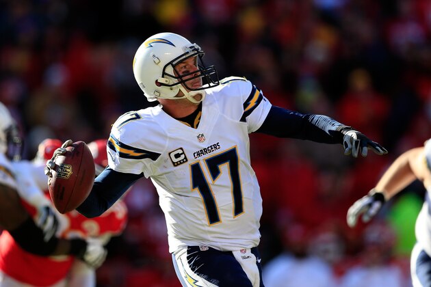 KANSAS CITY, MO - DECEMBER 28:  Quarterback Philip Rivers #17 of the San Diego Chargers passes during the game against the Kansas City Chiefs at Arrowhead Stadium on December 28, 2014 in Kansas City, Missouri.  (Photo by Brian Davidson/Getty Images)