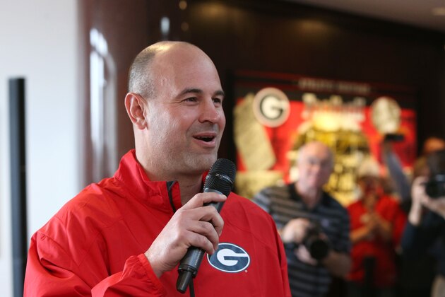 Georgia defensive coordinator Jeremy Pruitt answers questions from fans about Georgia's recruiting class on national signing day Wednesday, Feb. 5, 2014, in Athens, Ga. (AP Photo/Jason Getz)