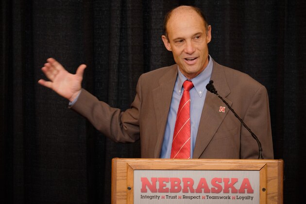 LINCOLN, NE - DECEMBER 5:  Mike Riley, newly hired head football coach at the University of Nebraska, talks with members of the media during a press conference inside Memorial Stadium December 5, 2014 in Lincoln, Nebraska.   (Photo by Eric Francis/Getty Images)