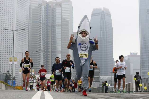 A participant, who urges people to stop eating shark fin, runs wearing a shark outfit,  during the Hong Kong Marathon Sunday, Feb. 16, 2014. More than 73,000 runners from more than 40 countries registered to take part in the 10-km races, 10-km wheelchair races, half-marathon and marathon races in Hong Kong. (AP Photo/Kin Cheung)