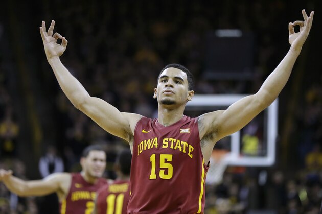Iowa State guard Naz Long celebrates after making 3-pointer during the second half of an NCAA college basketball game against Iowa, Friday, Dec. 12, 2014, in Iowa City, Iowa.  Long scored 21 points as Iowa State won 90-75. (AP Photo/Charlie Neibergall)