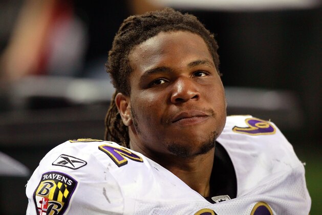 ATLANTA, GA - SEPTEMBER 01:  Terrence Cody #62 of the Baltimore Ravens looks on from the bench against the Atlanta Falcons at Georgia Dome on September 1, 2011 in Atlanta, Georgia.  (Photo by Kevin C. Cox/Getty Images)