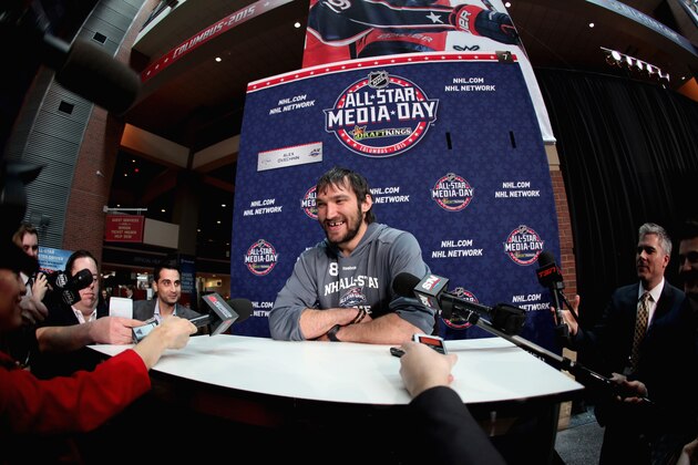 COLUMBUS, OH - JANUARY 23:  Alex Ovechkin #8 of the Washington Capitals speaks during the Media Availability as part of the 2015 NHL All-Star weekend at Nationwide Arena on January 23, 2015 in Columbus, Ohio.  (Photo by Dave Sandford/NHLI via Getty Images)