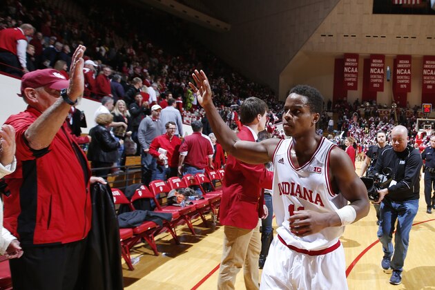 BLOOMINGTON, IN - JANUARY 22: Yogi Ferrell #11 of the Indiana Hoosiers acknowledges the crowd after the game against the Maryland Terrapins at Assembly Hall on January 22, 2015 in Bloomington, Indiana. The Hoosiers defeated the Terrapins 89-70. (Photo by Joe Robbins/Getty Images)
