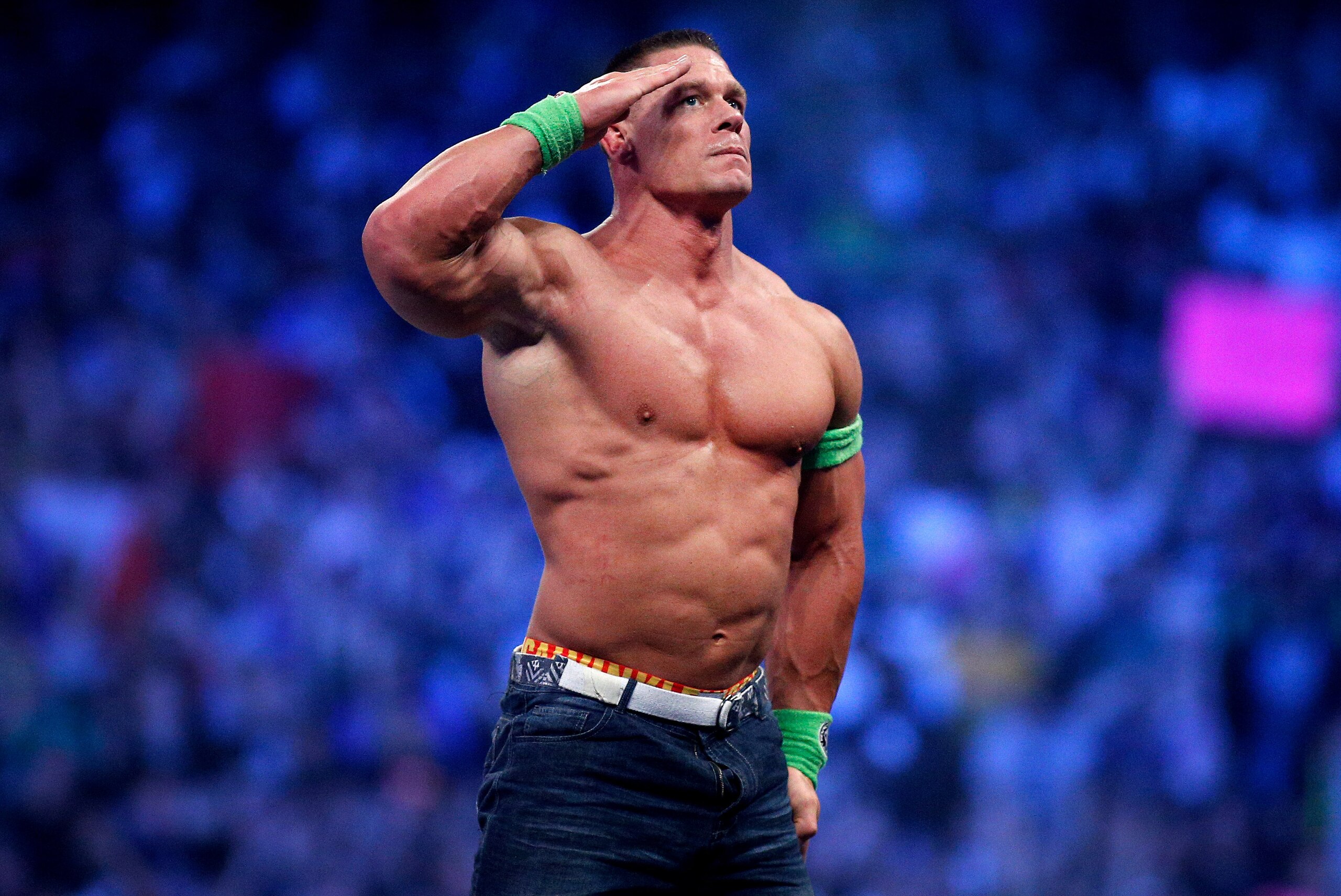 John Cena celebrates his win during Wrestlemania XXX at the Mercedes-Benz Super Dome in New Orleans on Sunday, April 6, 2014. (Jonathan Bachman/AP Images for WWE) John Cena celebrates his win during Wrestlemania XXX at the Mercedes-Benz Super Dome in New Orleans on Sunday, April 6, 2014. (Jonathan Bachman/AP Images for WWE)