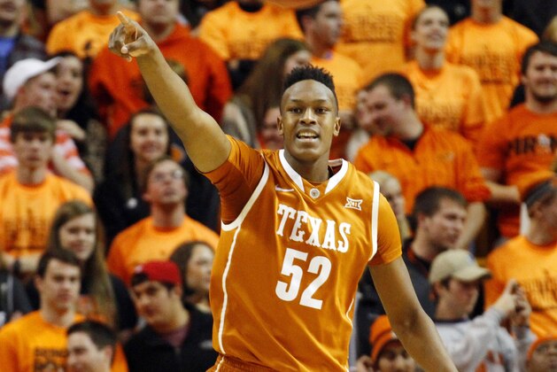 Jan 10, 2015; Stillwater, OK, USA; Texas Longhorns forward Myles Turner (52) after hitting a 3-point basket against the Oklahoma State Cowboys during the first half at Gallagher-Iba Arena. Mandatory Credit: Ray Carlin-USA TODAY Sports