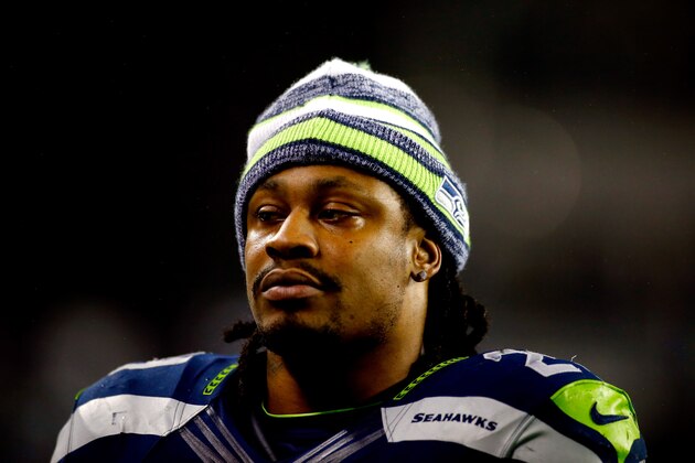 SEATTLE, WA - JANUARY 10:  Marshawn Lynch #24 of the Seattle Seahawks looks on against the Carolina Panthers during the 2015 NFC Divisional Playoff game at CenturyLink Field on January 10, 2015 in Seattle, Washington.  (Photo by Jonathan Ferrey/Getty Images)