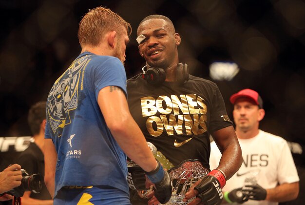 Sep 21, 2013; Toronto, Ontario, CAN; Jon Jones congratulates Alexander Gustafsson (left) after Jones' victory in their light heavyweight championship bout at UFC 165 at the Air Canada Centre. Mandatory Credit: Tom Szczerbowski-USA TODAY Sports