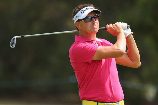 MELBOURNE, AUSTRALIA - NOVEMBER 23:  Robert Allenby of Australia plays a shot during day four of the Australian Masters at The Metropolitan Golf Course on November 23, 2014 in Melbourne, Australia.  (Photo by Scott Barbour/Getty Images)