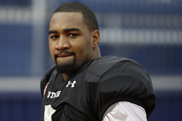 Utah's Nate Orchard walks off the field after practicing with his team Wednesday, Dec. 17, 2014, in Las Vegas. Utah is scheduled to play Colorado State in the Las Vegas Bowl NCAA college football game Saturday. (AP Photo/John Locher)