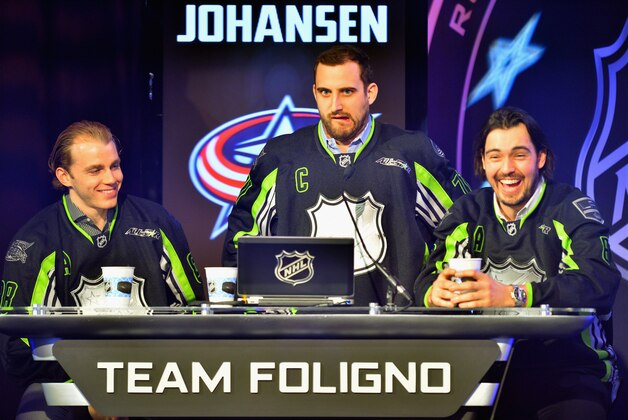 COLUMBUS, OH - JANUARY 23:  (L-R) Patrick Kane #88 of the Chicago Blackhawks, Captain Nick Foligno #71 of the Columbus Blue Jackets and Drew Doughty #8 of the Los Angeles Kings of Team Foligno make their picks during the NHL All-Star Fantasy Draft as part of the 2015 NHL All-Star Weekend at Greater Columbus Convention Center on January 23, 2015 in Columbus, Ohio.  (Photo by Jamie Sabau/NHLI via Getty Images)
