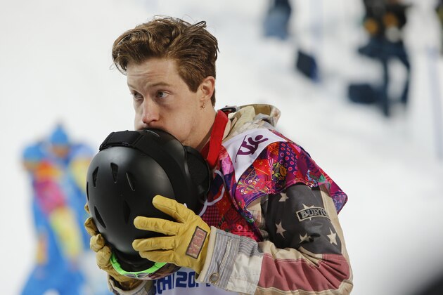 Feb 11, 2014; Krasnaya Polyana, RUSSIA; Shaun White (USA) reacts after the men's snowboarding halfpipe finals of the Sochi 2014 Olympic Winter Games at Rosa Khutor Extreme Park.  Mandatory Credit: Nathan Bilow-USA TODAY Sports
