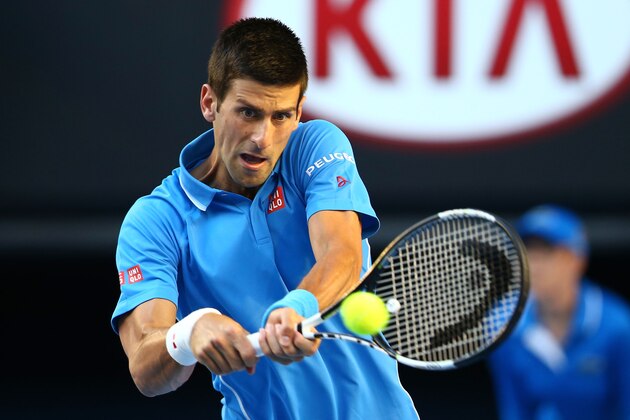 MELBOURNE, AUSTRALIA - JANUARY 24:  Novak Djokovic of Serbia plays a backhand in his third round match against Fernando Verdasco of Spain during day six of the 2015 Australian Open at Melbourne Park on January 24, 2015 in Melbourne, Australia.  (Photo by Mark Kolbe/Getty Images)