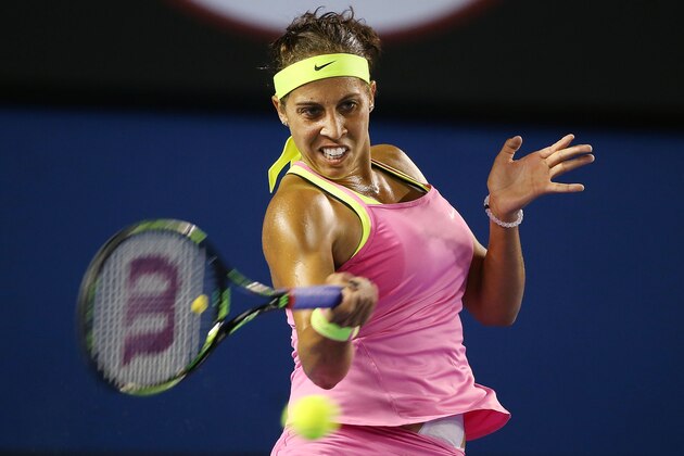 MELBOURNE, AUSTRALIA - JANUARY 24:  Madison Keys of the USA plays a forehand in her third round match against Petra Kvitova of the Czech Republic during day six of the 2015 Australian Open at Melbourne Park on January 24, 2015 in Melbourne, Australia.  (Photo by Michael Dodge/Getty Images)