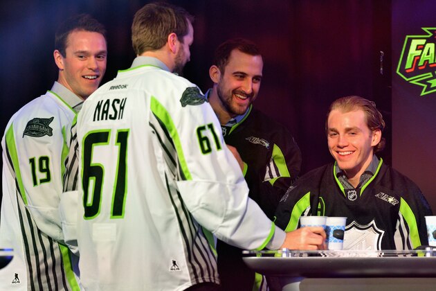 COLUMBUS, OH - JANUARY 23:  (L-R)Captain Jonathan Toews #19 of the Chicago Blackhawks, Rick Nash #61 of the New York Rangers of Team Toews, captain Nick Foligno #71 of the Columbus Blue Jackets and Patrick Kane #88 of the Chicago Blackhawks and Team Foligno participate in the NHL All-Star Fantasy Draft as part of the 2015 NHL All-Star Weekend at Greater Columbus Convention Center on January 23, 2015 in Columbus, Ohio.  (Photo by Jamie Sabau/NHLI via Getty Images)