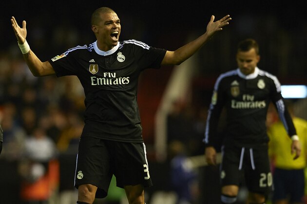 VALENCIA, SPAIN - JANUARY 04:  Pepe of Real Madrid reacts during the La Liga match between Valencia CF and Real Madrid CF at Estadi de Mestalla on January 4, 2015 in Valencia, Spain.  (Photo by Manuel Queimadelos Alonso/Getty Images)