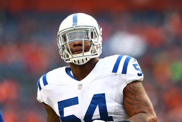 Jan 11, 2015; Denver, CO, USA; Indianapolis Colts linebacker Andrew Jackson (54) against the Denver Broncos in the 2014 AFC Divisional playoff football game at Sports Authority Field at Mile High. The Colts defeated the Broncos 24-13. Mandatory Credit: Mark J. Rebilas-USA TODAY Sports